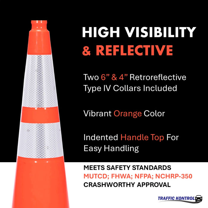 28" Traffic Safety Cone - 7 Lbs - Orange - 6" + 4" Inch Hi Intensity Reflective Collars