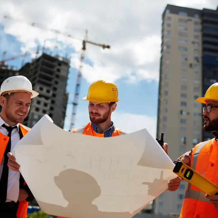 men on construction site with safety hats