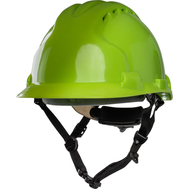 Bright green safety hard hat with chin strap, shown from a side angle on a white background.