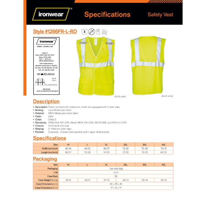 Ironwear® Hi Vis Flame Resistant ANSI Class 2 Type R - Lime - 1266FR-RD