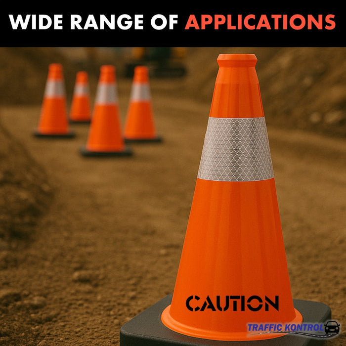 18" CAUTION Traffic Cone - 3 Lbs - Safety Orange - 6" Inch Hi Intensity Reflective Collars - Bulk Pallet