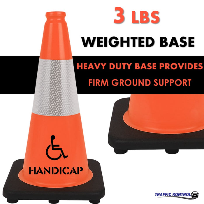 18" HANDICAP Traffic Cone - 3 Lbs - Safety Orange - 6" Inch Hi Intensity Reflective Collars