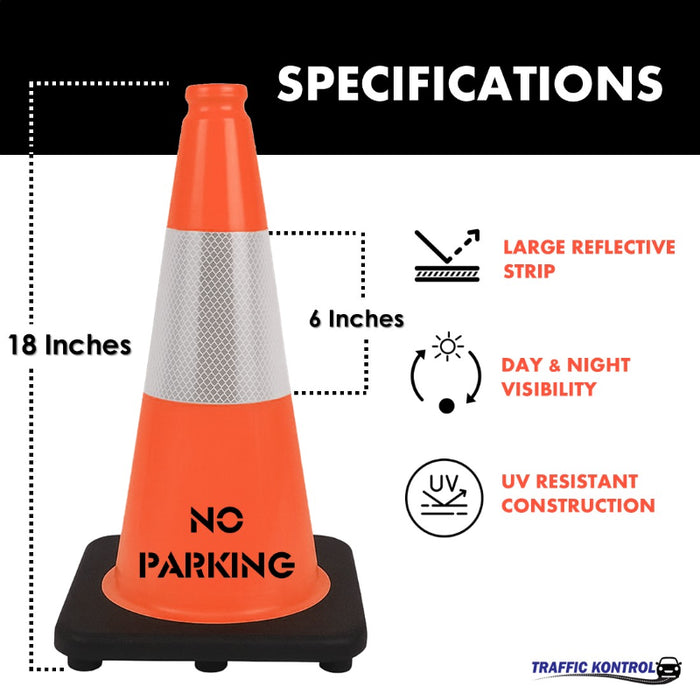 18" NO PARKING Traffic Cone - 3 Lbs - Safety Orange - 6" Inch Hi Intensity Reflective Collars - Bulk Pallet