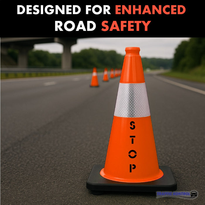 18" STOP Traffic Cone - 3 Lbs - Safety Orange - 6" Inch Hi Intensity Reflective Collars - Bulk Pallet