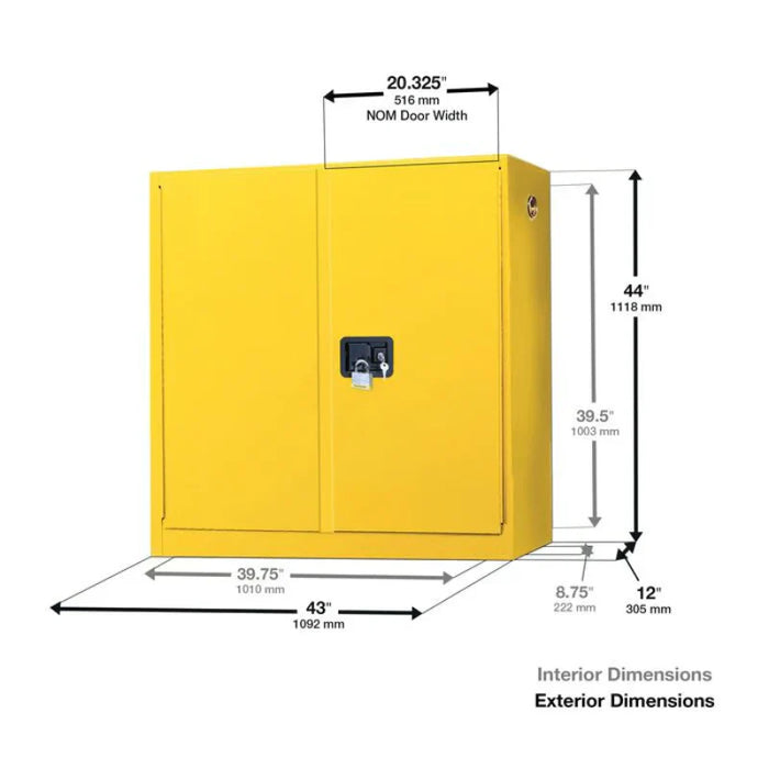 Safety Storage Cabinet 24 Gallon - Flammable - 2 Self Closing Doors - 3 Shelves - Yellow