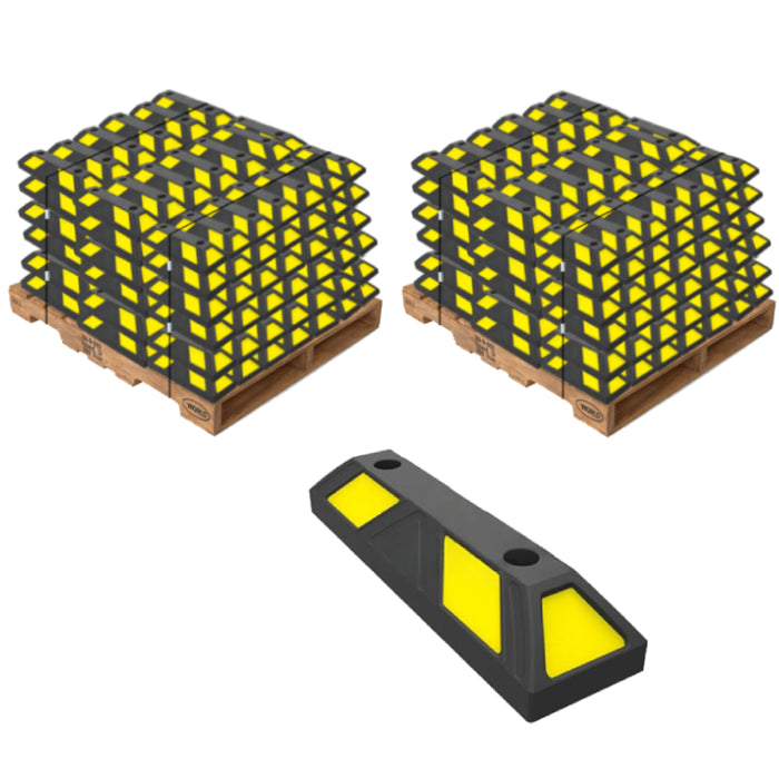 Parking Curb Block - 20" Long Wheel Stop - Yellow / Black Striped Rubber - Bulk Pallet