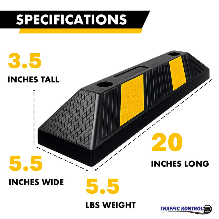 Parking Curb Block - 20" Long Wheel Stop With Bolts - Yellow / Black Striped Rubber