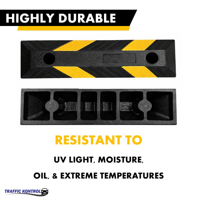 Parking Curb Block - 20" Long Wheel Stop With Spikes - Yellow / Black Striped Rubber