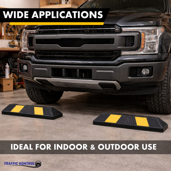 Parking Curb Block - 20" Long Wheel Stop With Spikes - Yellow / Black Striped Rubber