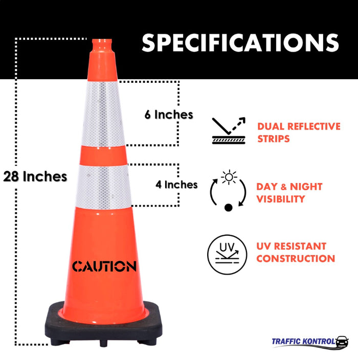 28" CAUTION Traffic Safety Cone - 10 Lbs - Orange - 6" + 4" Inch Hi Intensity Reflective Collars