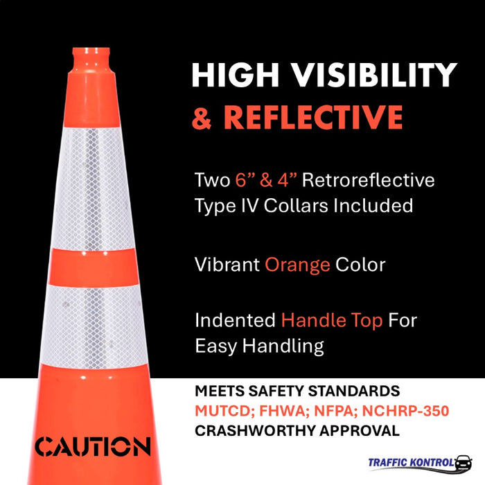 28" CAUTION Traffic Safety Cone - 7 Lbs - Orange - 6" + 4" Inch Hi Intensity Reflective Collars