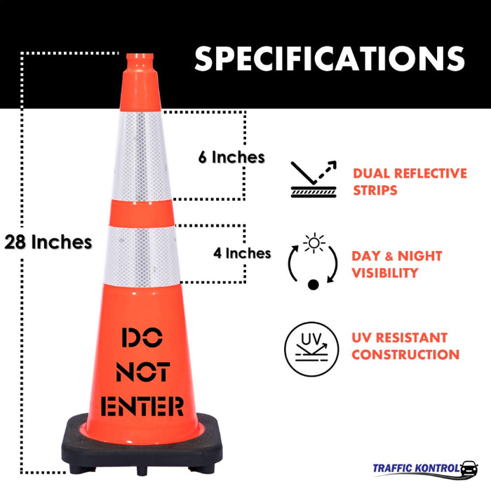 28" DO NOT ENTER Traffic Safety Cone - 7 Lbs - Orange - 6" + 4" Inch Hi Intensity Reflective Collars