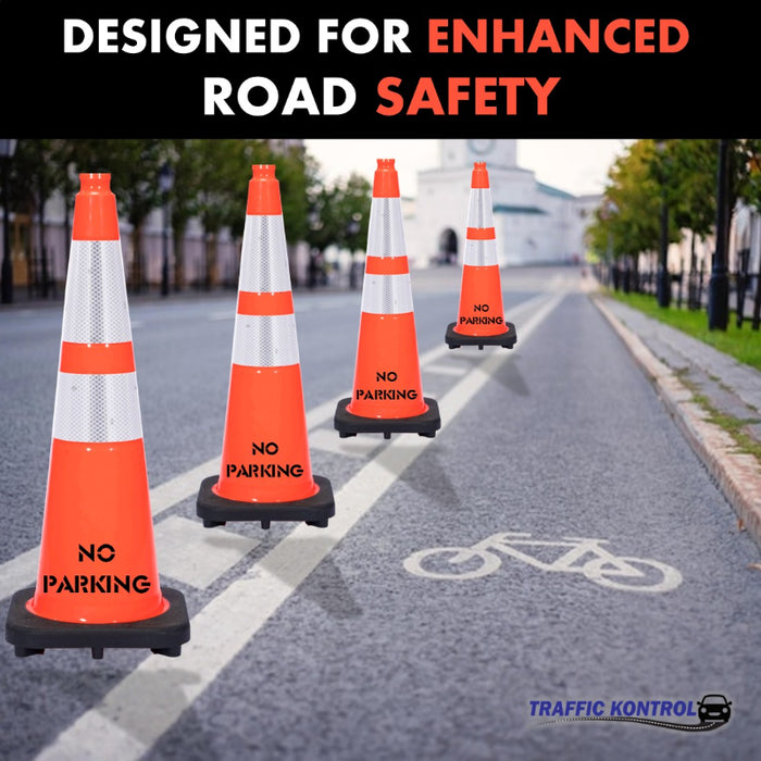 28" NO PARKING Traffic Safety Cone - 10 Lbs - Orange - 6" + 4" Inch Hi Intensity Reflective Collars
