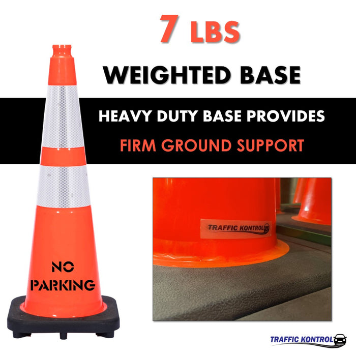 28" NO PARKING Traffic Safety Cone - 7 Lbs - Orange - 6" + 4" Inch Reflective Collars - Bulk Pallet