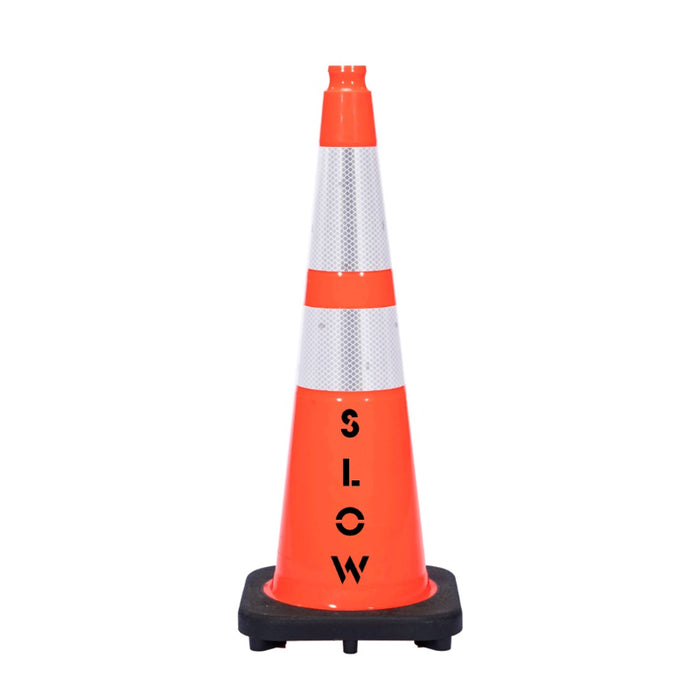 28" SLOW Traffic Safety Cone - 7 Lbs - Orange - 6" + 4" Inch Reflective Collars - Bulk Pallet