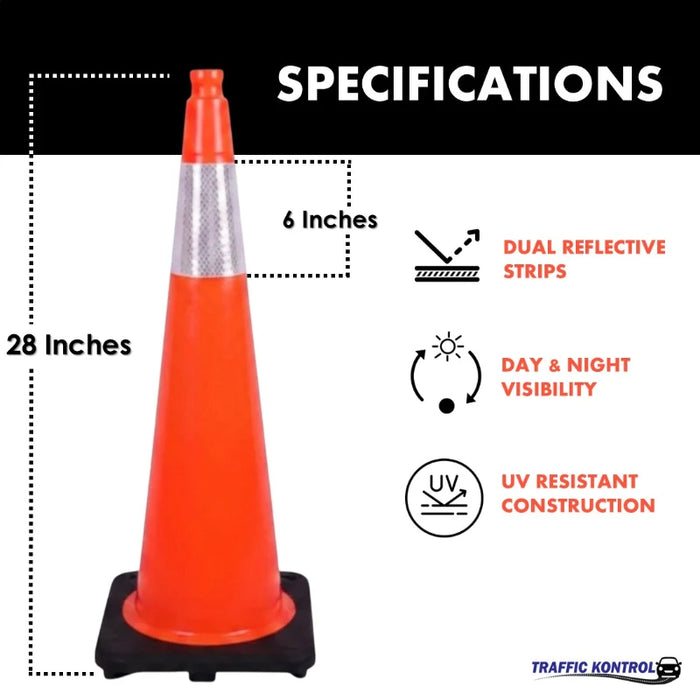 28" Traffic Safety Cone - 7 Lbs - Orange - 6" Inch Hi Intensity Reflective Collars