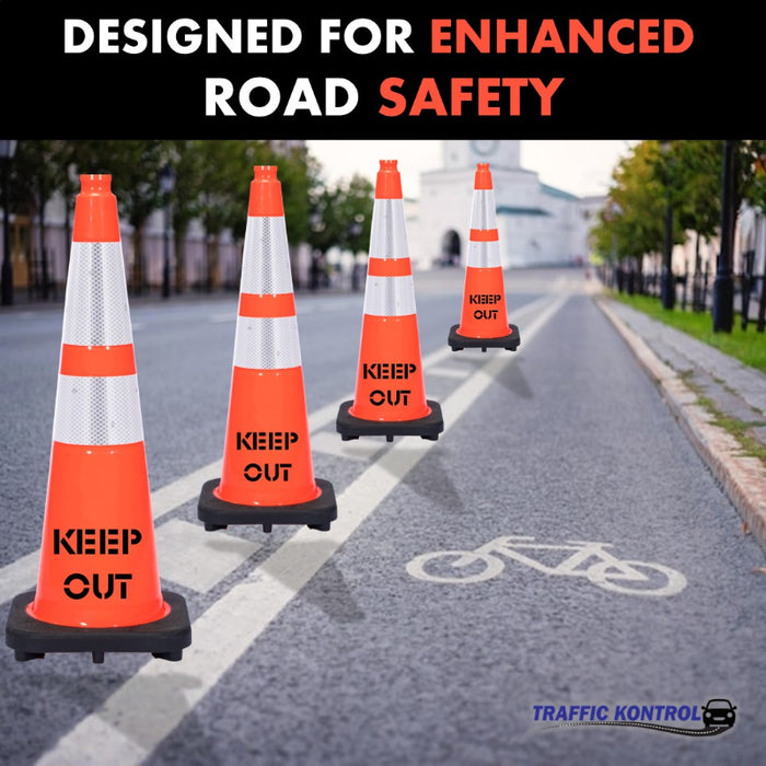 36" KEEP OUT Traffic Safety Cone - 10 Lbs - Orange - 6" + 4" Inch Hi Intensity Reflective Collars