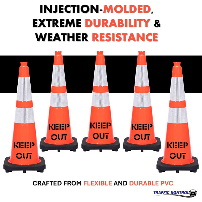 36" KEEP OUT Traffic Safety Cone - 10 Lbs - Orange - 6" + 4" Inch Hi Intensity Reflective Collars