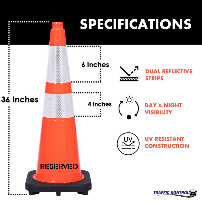 36" RESERVED Traffic Safety Cone - 10 Lbs - Orange - 6" + 4" Inch Reflective Collars - Bulk Pallet