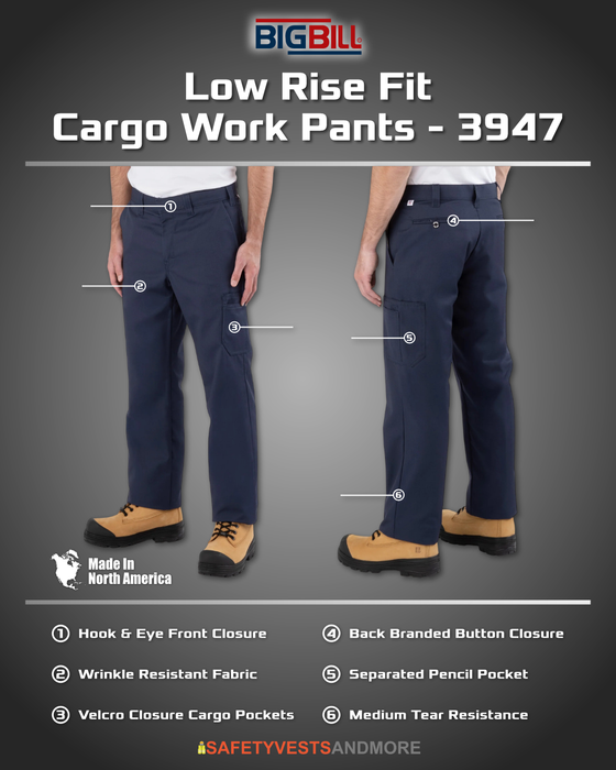 Big Bill® Low Rise Fit Cargo Work Pants - Wrinkle Resistant - Navy - 3947
