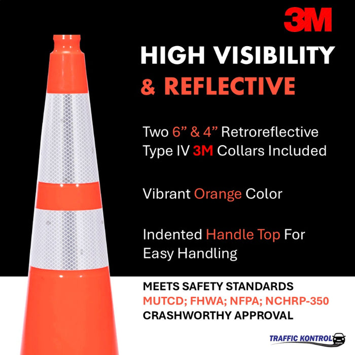 36" Traffic Safety Cone - 10 Lbs - Orange - 6" + 4" Inch 3M Hi Intensity Reflective Collars