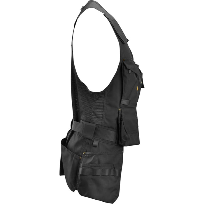 Black hunting vest with multiple pockets and straps on a white background