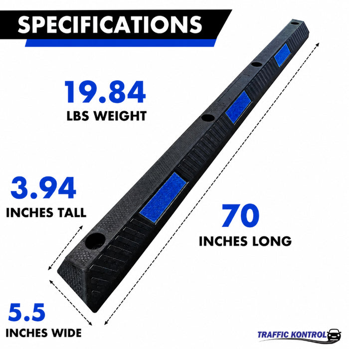 Parking Curb Block - 6 ft Long Wheel Stop - Blue / Black Striped Rubber