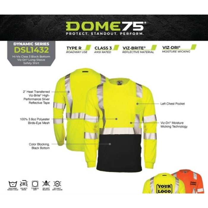 DOME75® DYNAMIC SERIES Hi-Vis ANSI Class 3 Black Bottom Viz-Dri Long Sleeve Safety Shirt - DSL1432