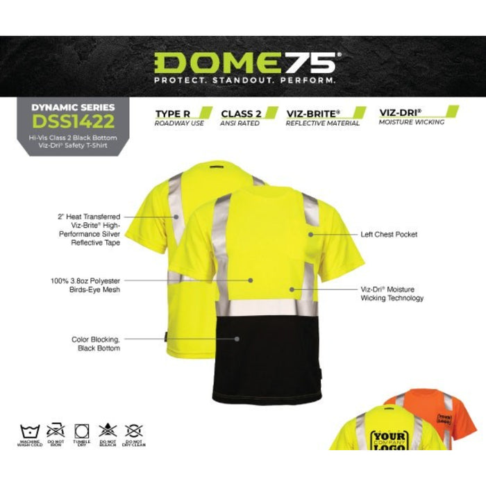 DOME75® DYNAMIC SERIES Hi-Vis ANSI Class 2 Black Bottom Viz-Dri Safety T-Shirt - DSS1422