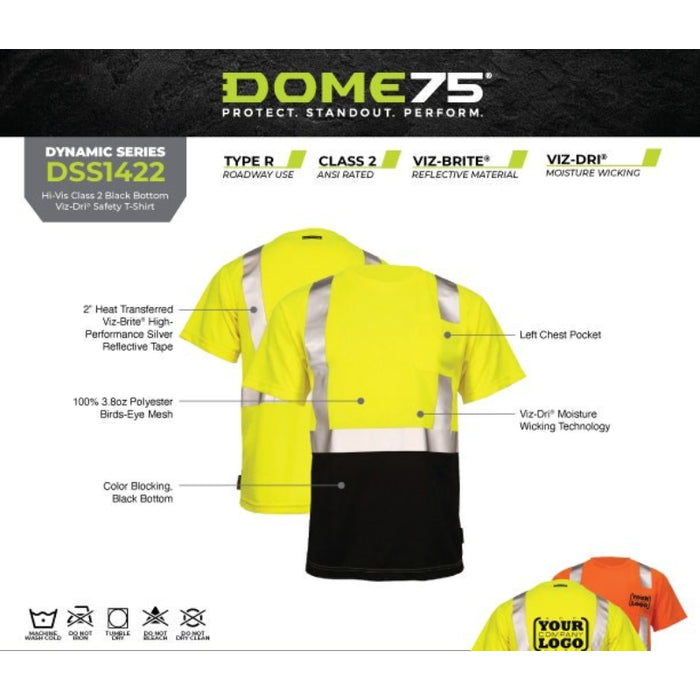 DOME75® DYNAMIC SERIES Hi-Vis ANSI Class 2 Black Bottom Viz-Dri Safety T-Shirt - DSS1422