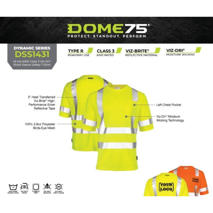 DOME75® DYNAMIC SERIES Hi-Vis ANSI Class 3 Viz-Dri Short Sleeve Safety T-Shirt - DSS1431