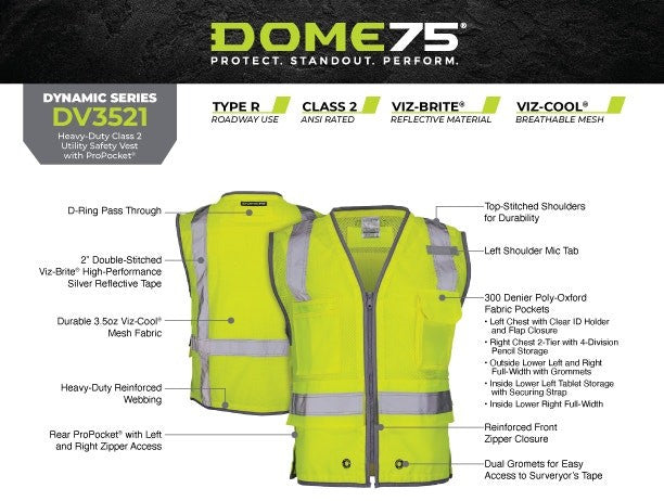 DOME75® DYNAMIC SERIES  Heavy Duty ANSI Class 2 Utility Safety Vest with ProPocket™ - DV3521
