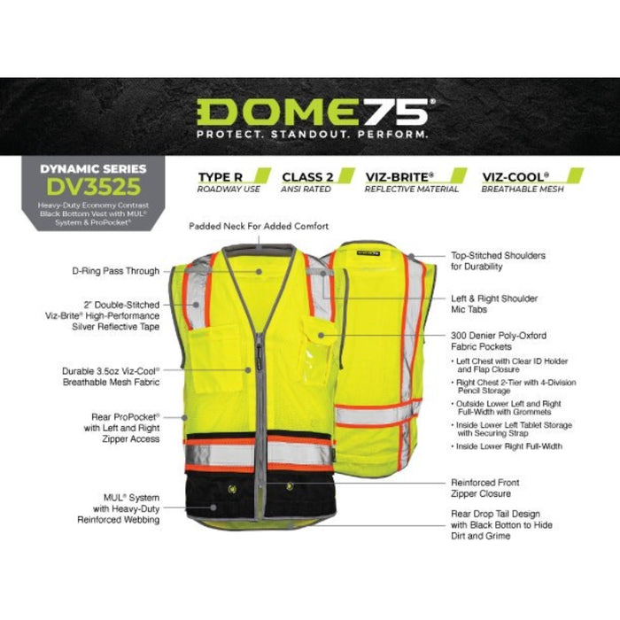 DOME75® DYNAMIC Series ANSI Class 2 Heavy Duty Economy Contrast Black Bottom Vest - DV3525