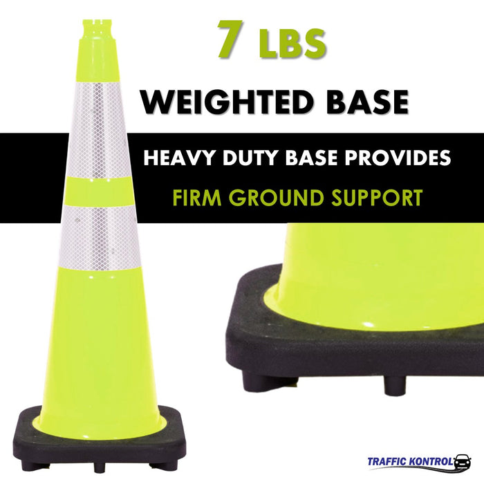 28" Traffic Cone - 7 Lbs - Safety Lime - 6" + 4" Inch Hi Intensity Reflective Collars