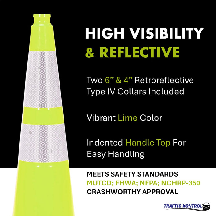 28" Traffic Cone - 7 Lbs - Safety Lime - 6" + 4" Inch Hi Intensity Reflective Collars