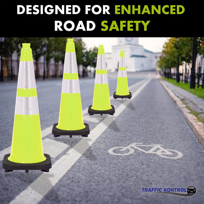 28" Traffic Cone - 7 Lbs - Safety Lime - 6" + 4" Inch Hi Intensity Reflective Collars