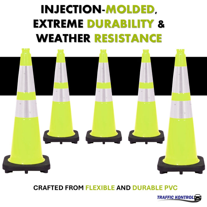 28" Traffic Cone - 7 Lbs - Safety Lime - 6" + 4" Inch Hi Intensity Reflective Collars