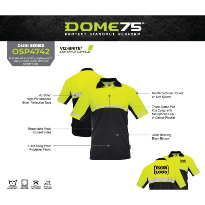 DOME75® OMNI SERIES Enhanced Visibility Lightweight Snag-Proof Black Bottom Safety Polo - OSP4742