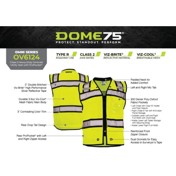 DOME75® OMNI SERIES Hi-Vis ANSI Class 2 Heavy Duty Contrast Utility Vest with ProPocket® - OV6124-HY