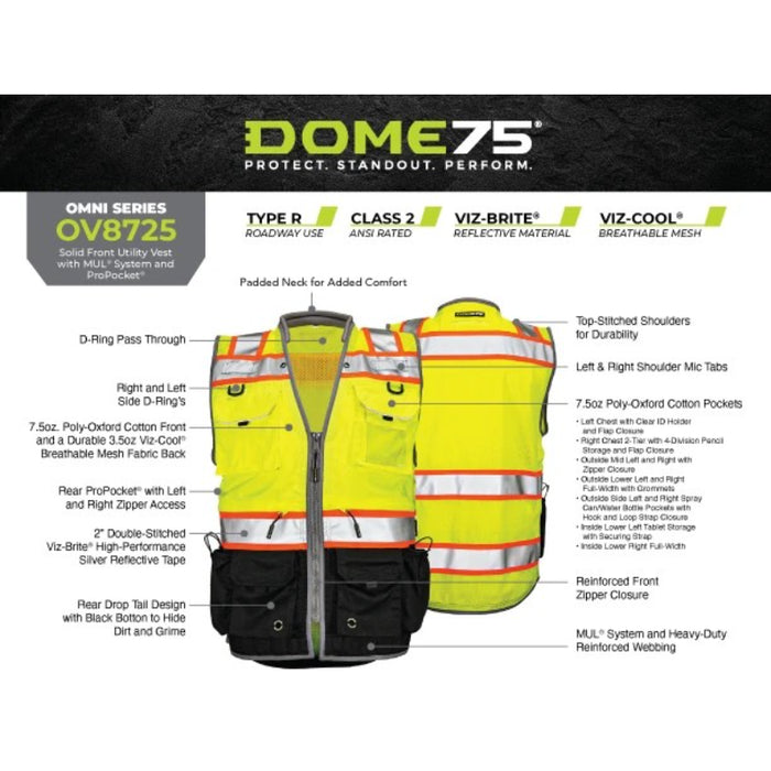 DOME75® OMNI SERIES ANSI Class 2 Black Bottom Solid Front Heavy-Duty Utility Vest - OV8725