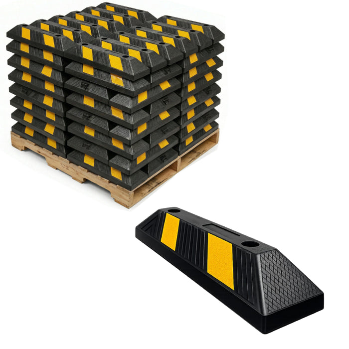 Parking Curb Block - 20" Long Wheel Stop - Yellow / Black Striped Rubber - Bulk Pallet