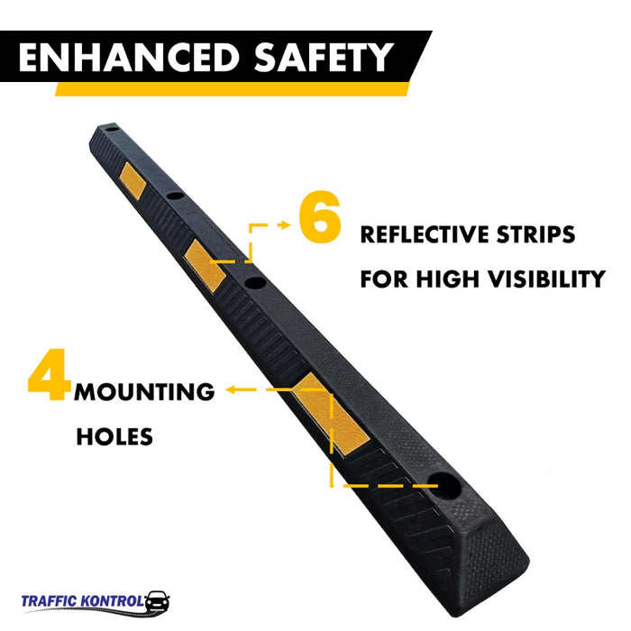 6 Foot Long - Rubber Parking Curb Wheel Stop Block With Spikes - Yellow