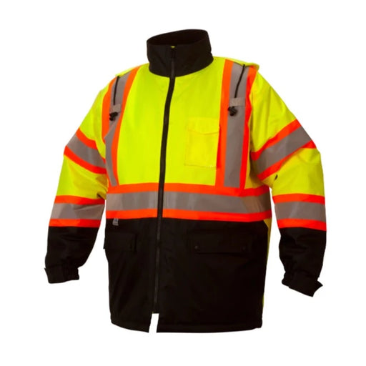 Pyramex Hi Vis Waterproof Parka - Quilted Lining Black Bottom Safety Jacket - X-Back - ANSI Class 3 - RCP32