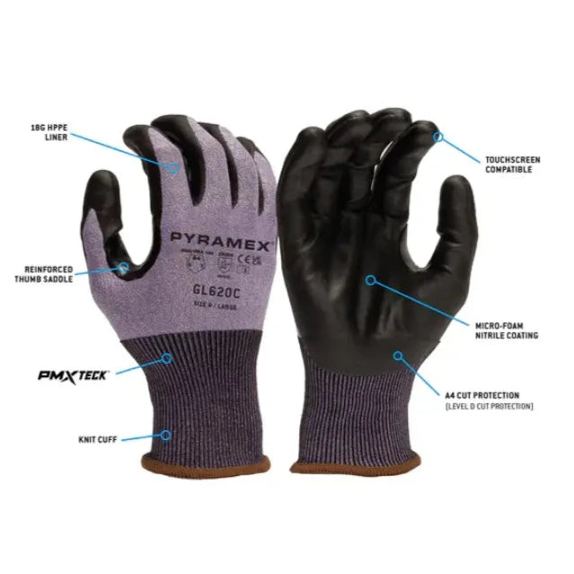 Pyramex® Micro-Foam Nitrile HPPE Liner Safety Gloves - ANSI Cut Level 4 - Black - GL620C