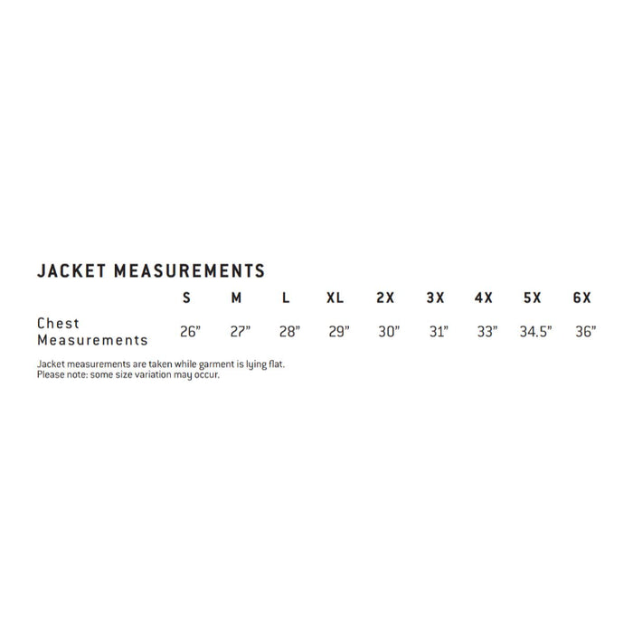 Jacket measurements chart with size labels and corresponding chest measurements on a white background.