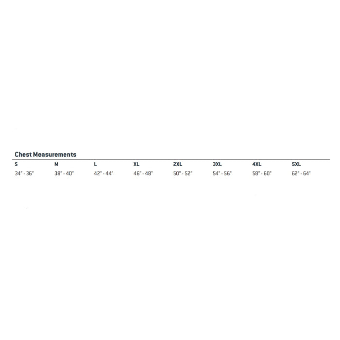 Chest measurement chart with size labels and corresponding measurements on a white background