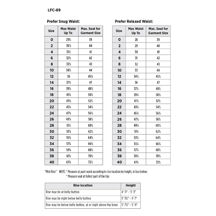A sizing chart table for LFC-89 waist measurement, showing columns for Prefer Snug Waist and Prefer Relaxed Waist, with size numbers from 0 to 40 and max waist/seat measurements, plus a small inset diagram for rise location and height.