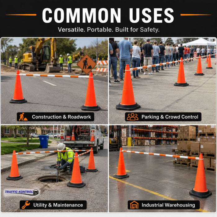 Retractable Traffic Cone Bar - 6' - 10' Feet Adjustable - Orange / White