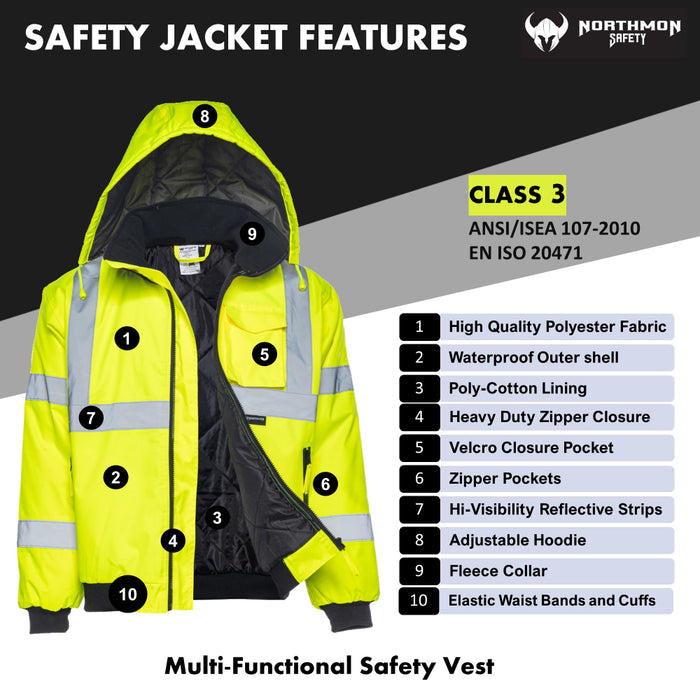 Hi Vis Waterproof Winter Bomber Jacket - ANSI Class 3 - Safety Yellow