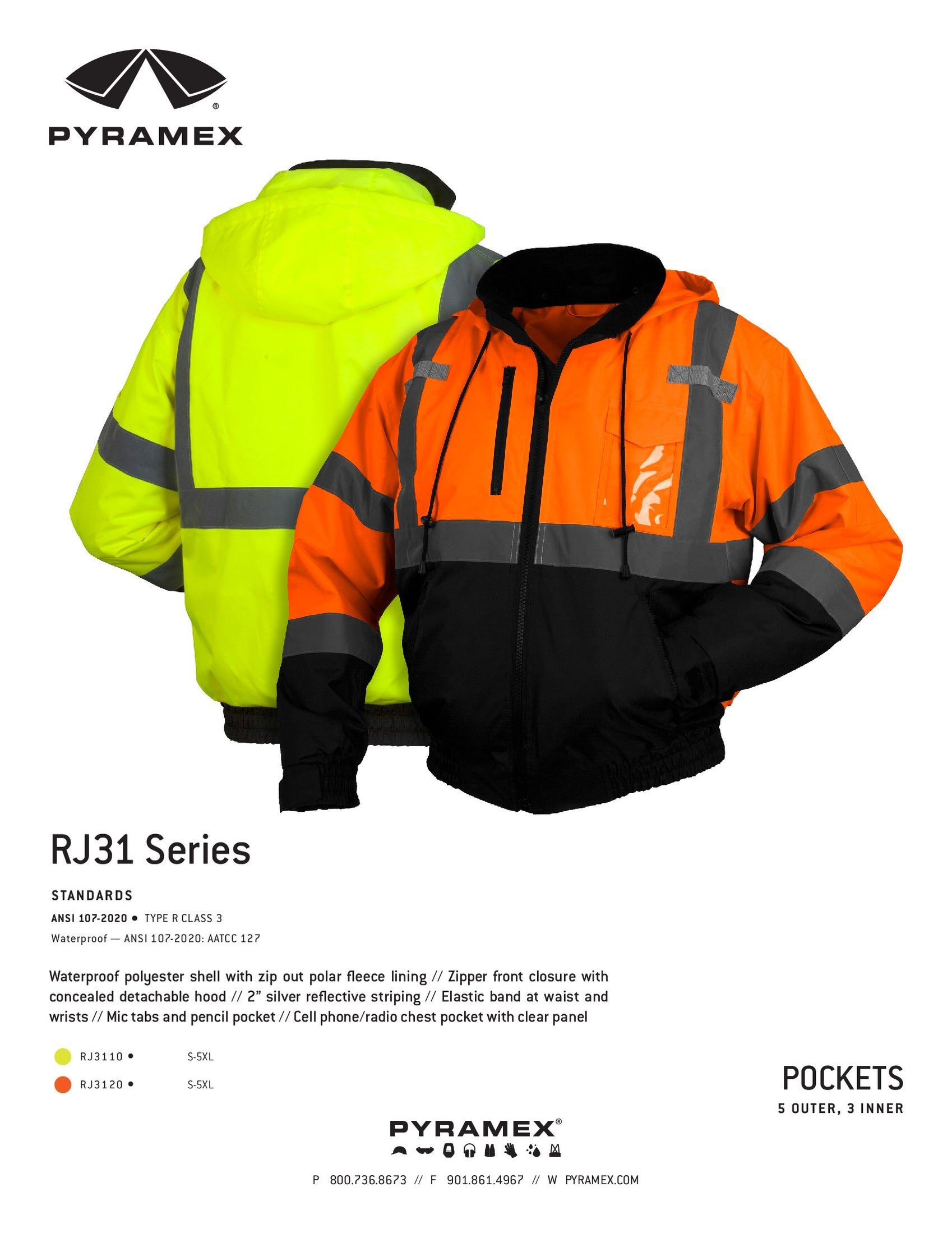 Pyramex Class 3 Insulated Hi-Visibility Bomber Jacket - Yellow Reflective Safety Jacket For Road Work (Sizes M To 5XL)